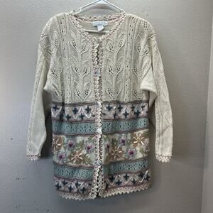 Vintage Rebecca Stone Sweater SZ L Flower Garden Party Cottagecore Embroidered